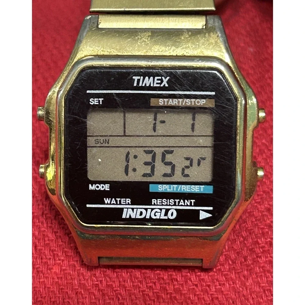 Vintage Timex Indiglo Digital Men Gold Tone Alarm Chrono Quartz Watch New Batter